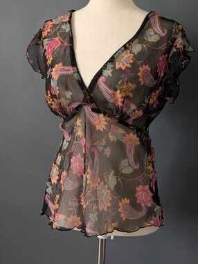 Mudd Women's Large Sheer Paisley Floral Babydoll Blouse Flutter Sleeve Y2K 2010s
